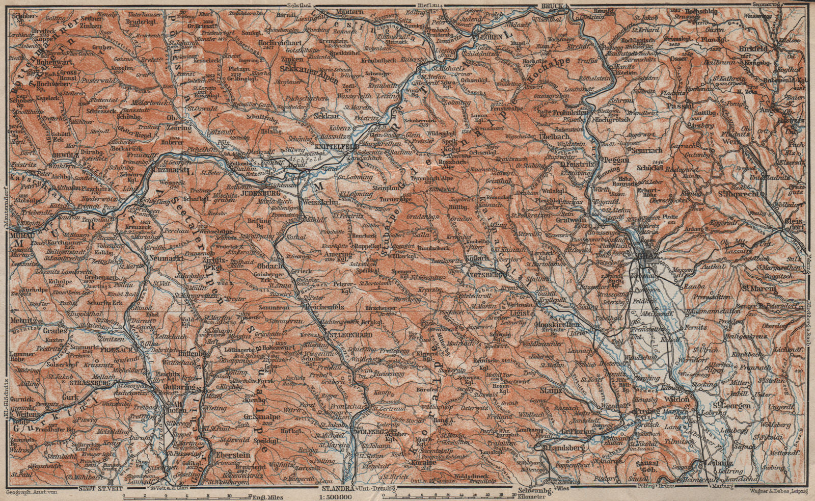 STYRIAN & CARINTHIAN ALPS. Murau Graz Murtal Leoben Wolfsburg. Austria 1911 map